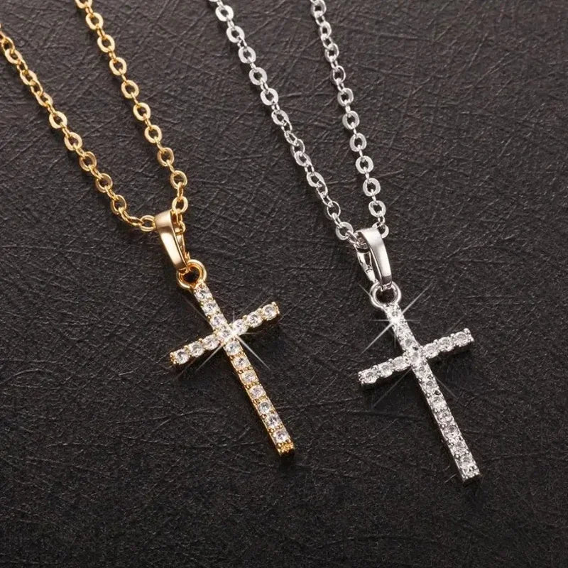 Luxury Zircon Cross Pendants Necklace Fashion Light Golden Silver Color for Men Women Jewelry.