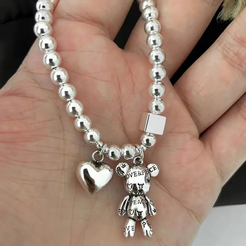 925 Sterling Silver Bracelets for Women String of Beads Accessories Trend Vintage Simple Cute Bear Pendant Jewelry