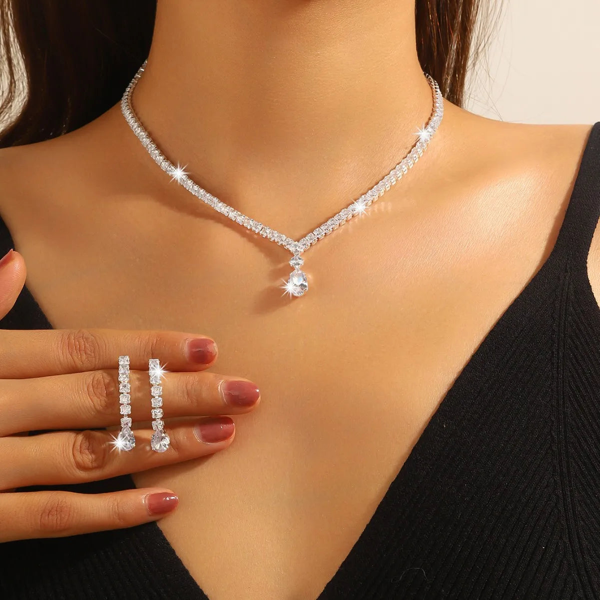 Cross-Border Jewelry, Women'S Fashion Water Drop Crystal Zircon Necklace Earrings Set