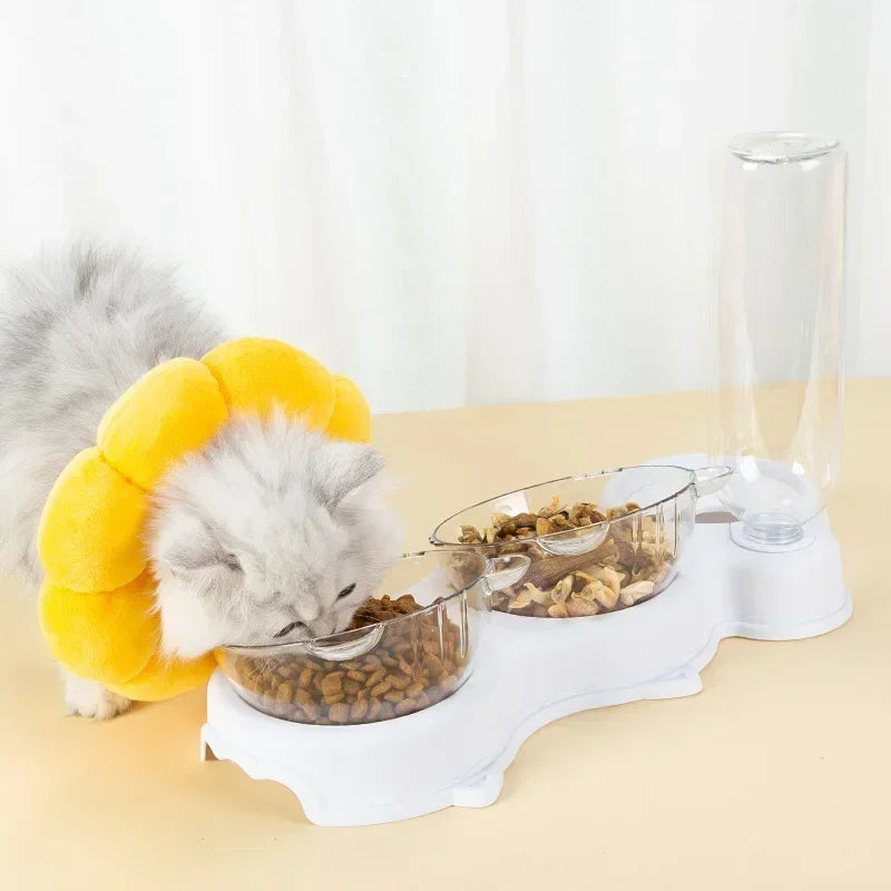 Pet Cat Food Bowl, Splash - Water proof, Three Bowl Neck Protection, Automatic Feeder, Water Storage Dispenser