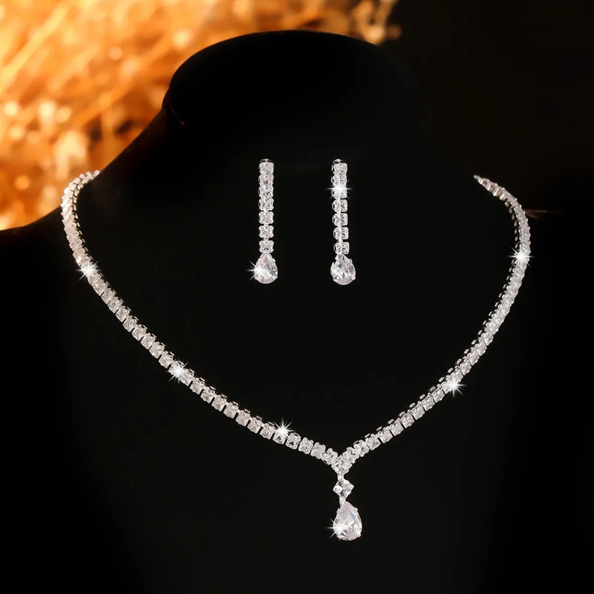 Cross-Border Jewelry, Women'S Fashion Water Drop Crystal Zircon Necklace Earrings Set