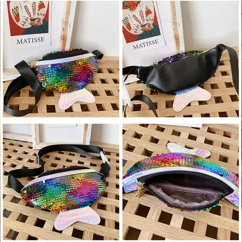 Fashion Kids Bag Sequin Fanny Pack for Girl- Coin Purse Small Belt Bag Shiny Mermaid Waist Pack Children Beach Bags