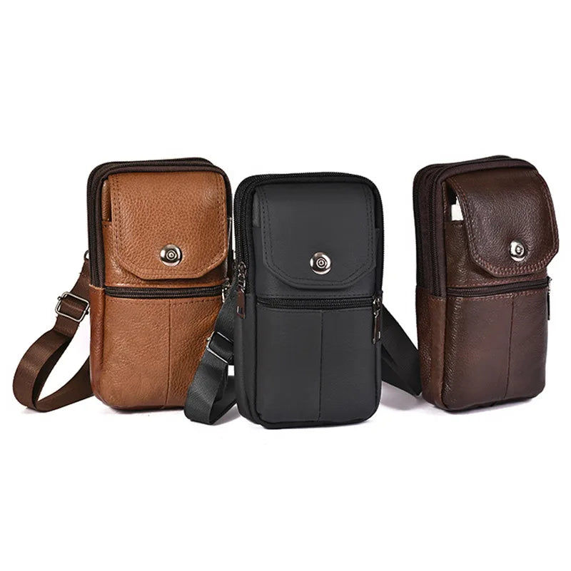 Men Leather Waist Bag Large Capacity Belt Bag Brown Shoulder Bags Crossbody Bags Multi-layer Buckle Mobile Phone Bag Bum Pouch