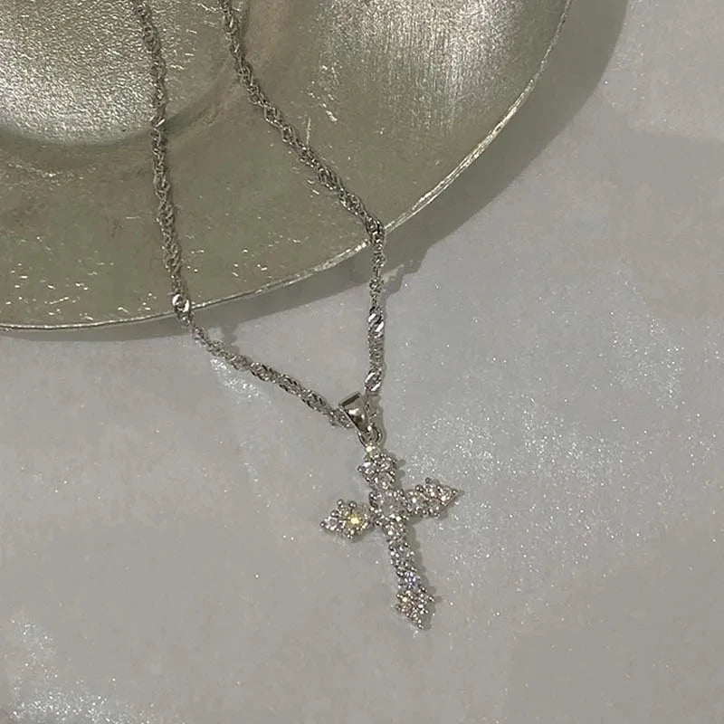 Shiny Crystal Zircon Cross Pendant Necklace for Women Girls Punk Silver Color Thin Chain Necklace
