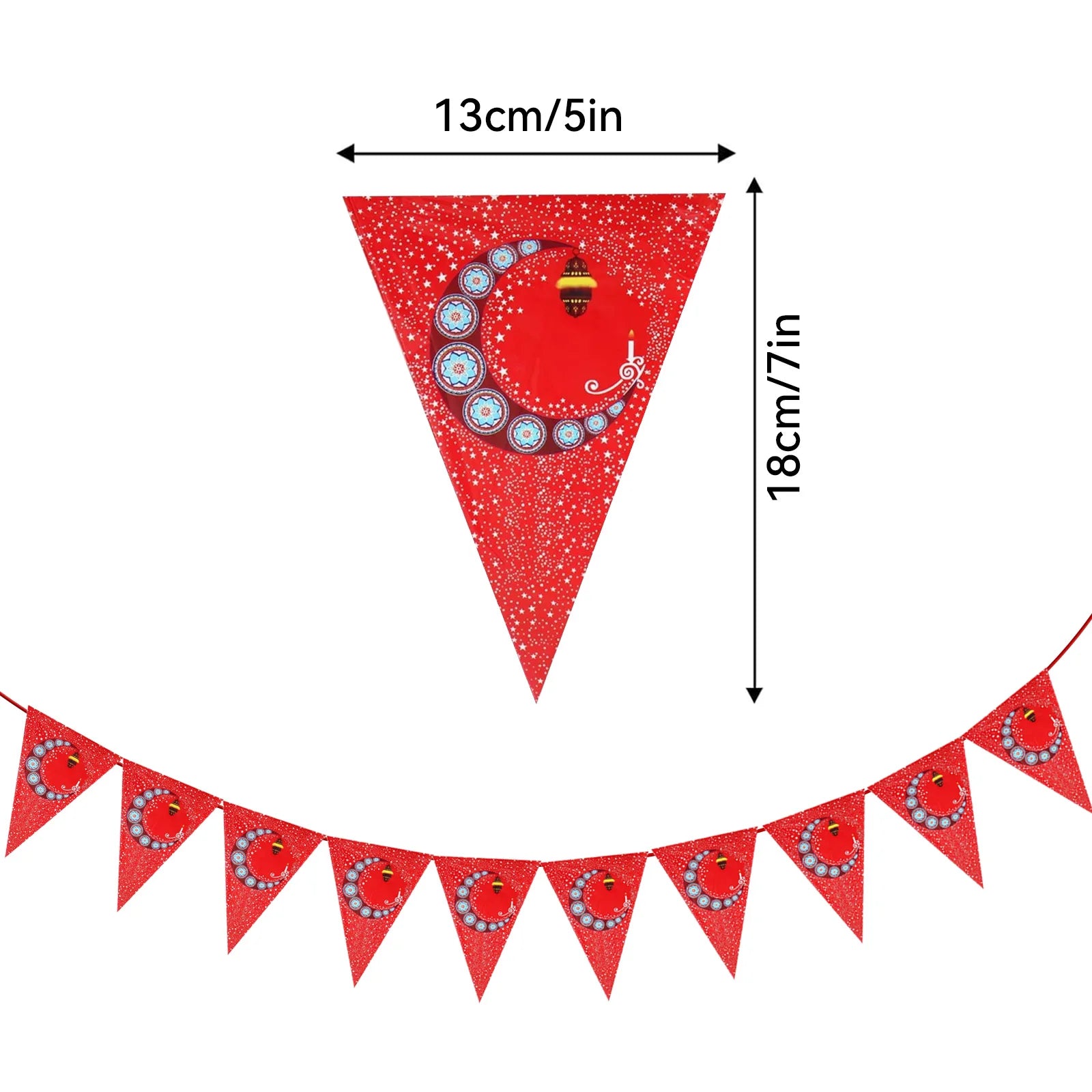 Ramadan Mubarak Banner Bunting Red Triangle Banner Garland with Lantern Moon Sign Eid Mubarak Festival Celebration Party