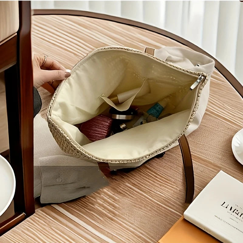 Chic Handbag Beige Large-Capacity Woven Handbag