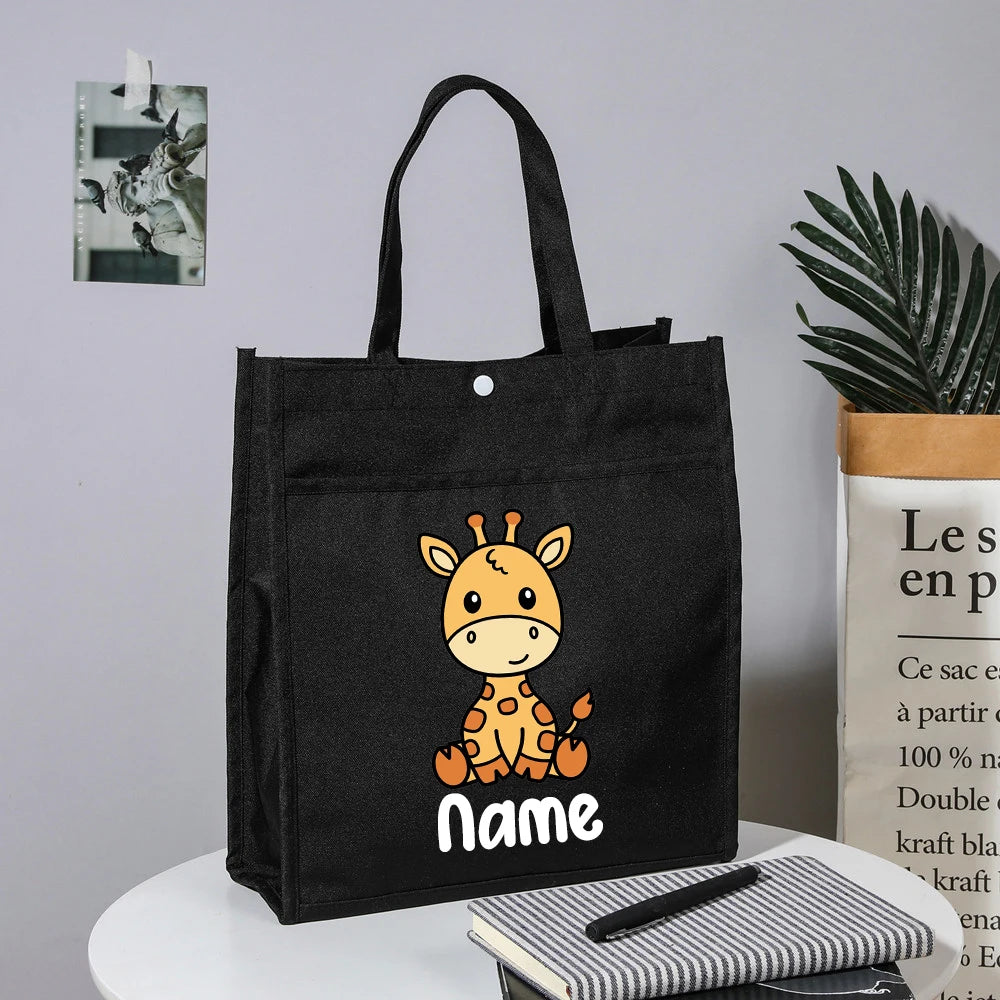 Personalized Kids Library Tote Bags Homeschool Cute Animal with Name Reading Books Bag.