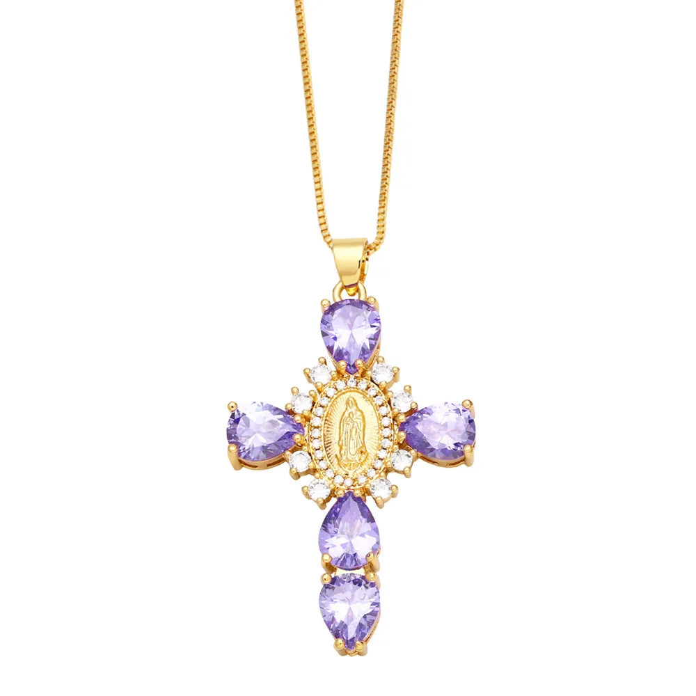 Jesus Cross Necklace for Women Men Retro Copper Zircon Colorful Cross Virgin Mary Pendants Jewelry
