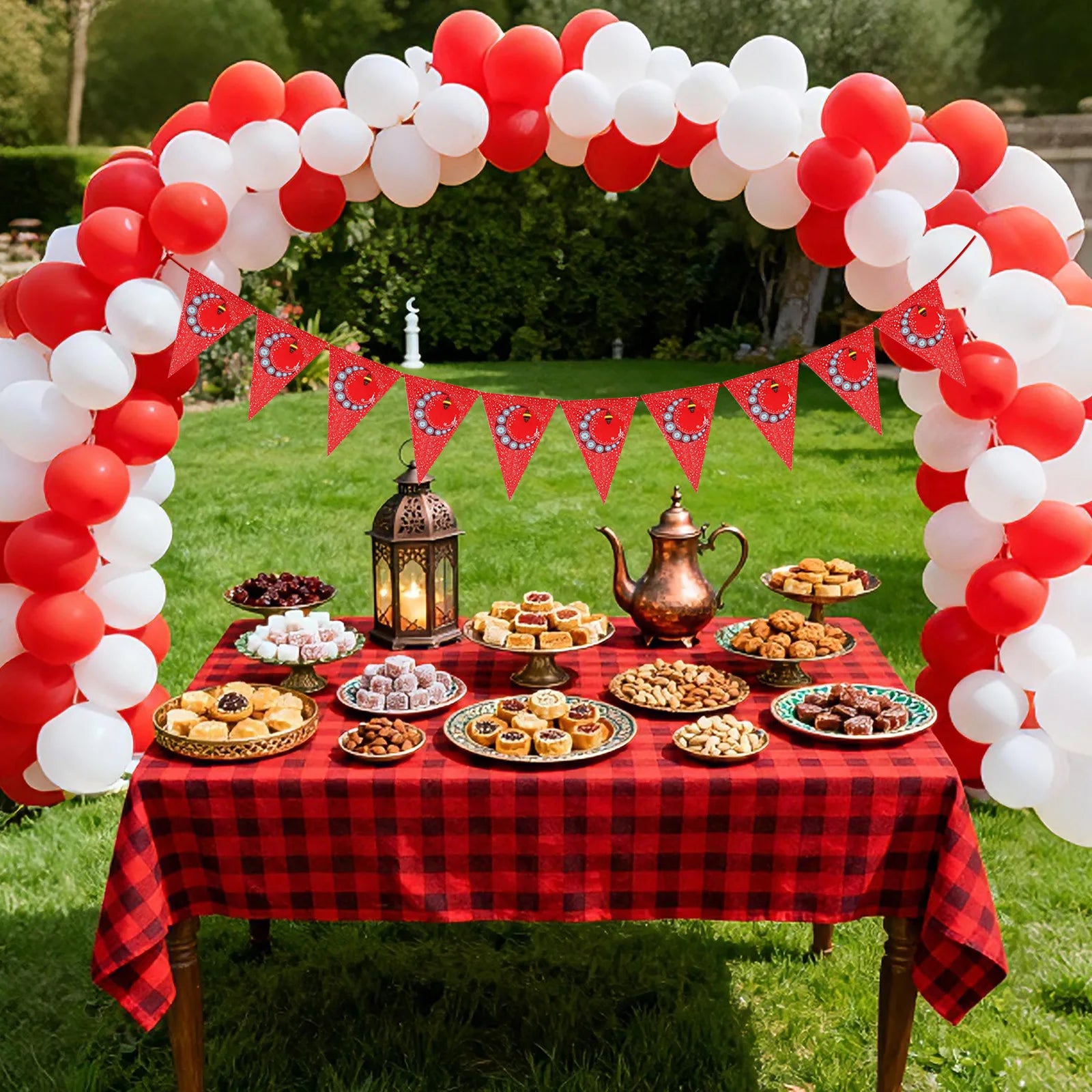 Ramadan Mubarak Banner Bunting Red Triangle Banner Garland with Lantern Moon Sign Eid Mubarak Festival Celebration Party