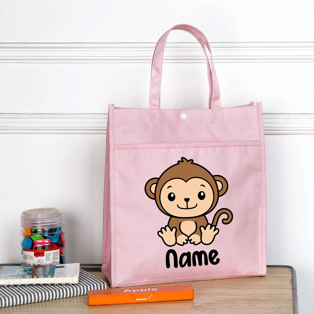 Personalized Kids Library Tote Bags Homeschool Cute Animal with Name Reading Books Bag.