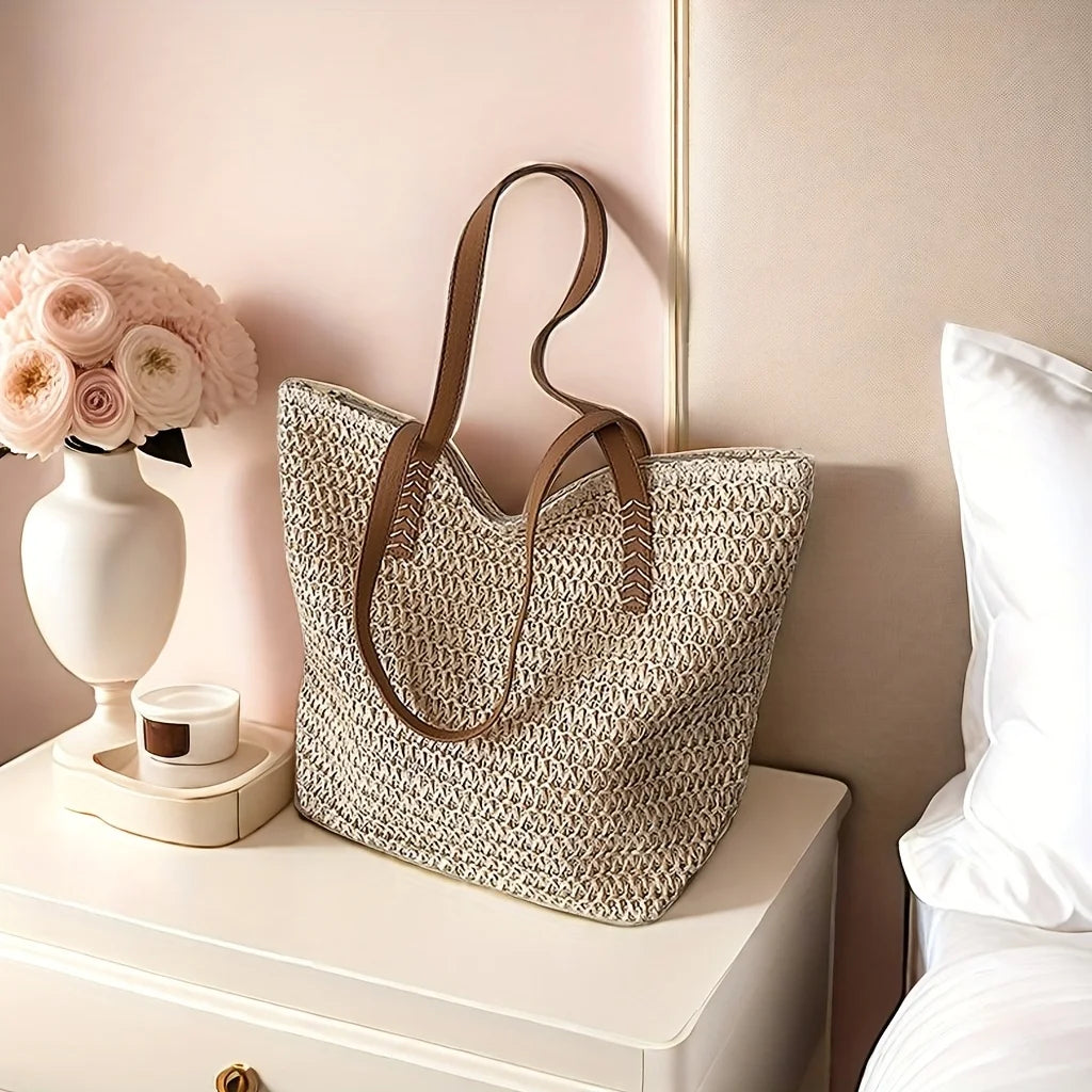 Chic Handbag Beige Large-Capacity Woven Handbag