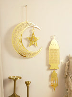 Gold Ramadan Acrylic Moon Hanging Ornaments with Hollow Mesh Star, Eid Mubarak Muslim Decor, Lanterns Wall Decor, Ramadan Kareem