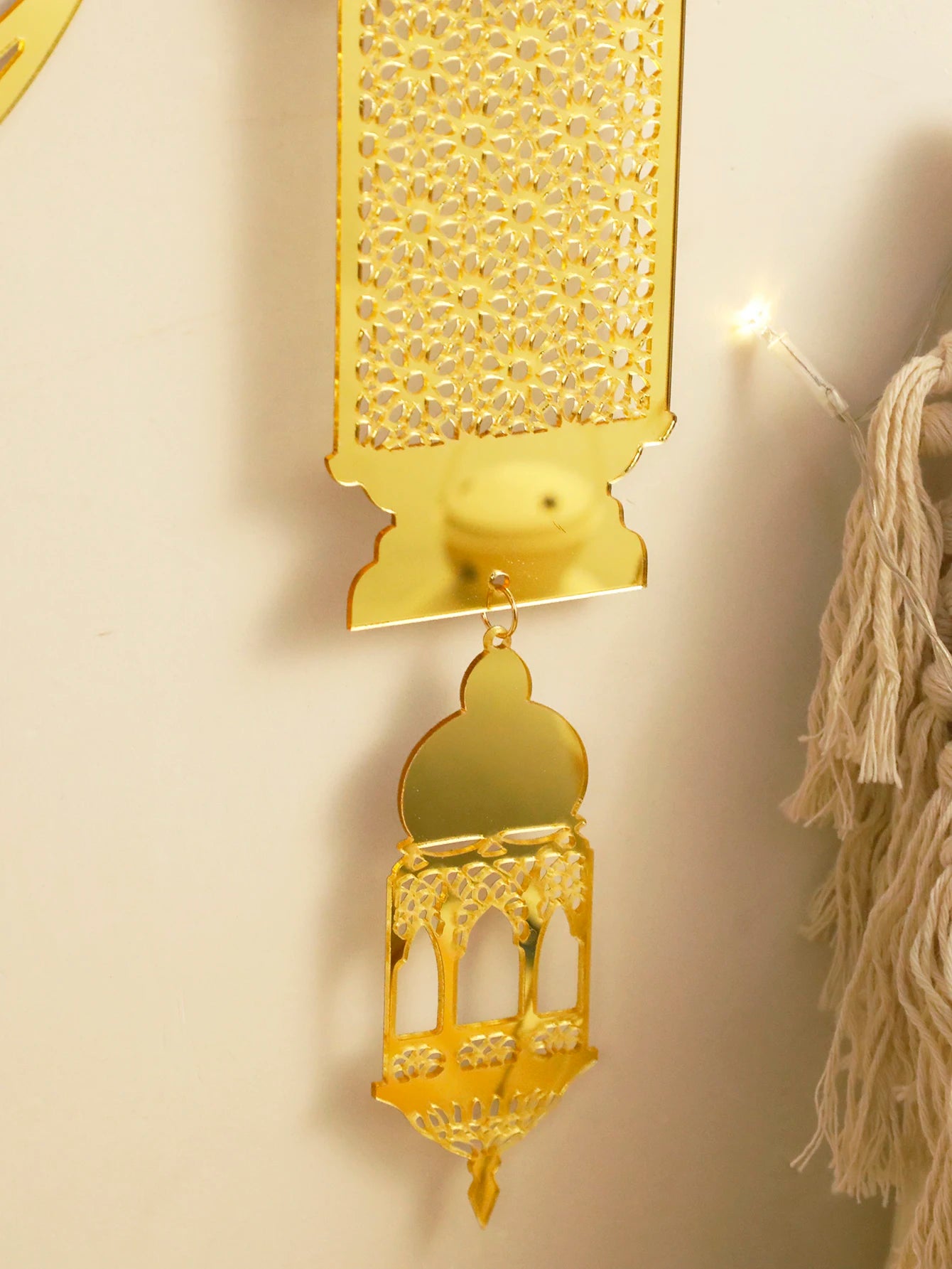 Gold Ramadan Acrylic Moon Hanging Ornaments with Hollow Mesh Star, Eid Mubarak Muslim Decor, Lanterns Wall Decor, Ramadan Kareem