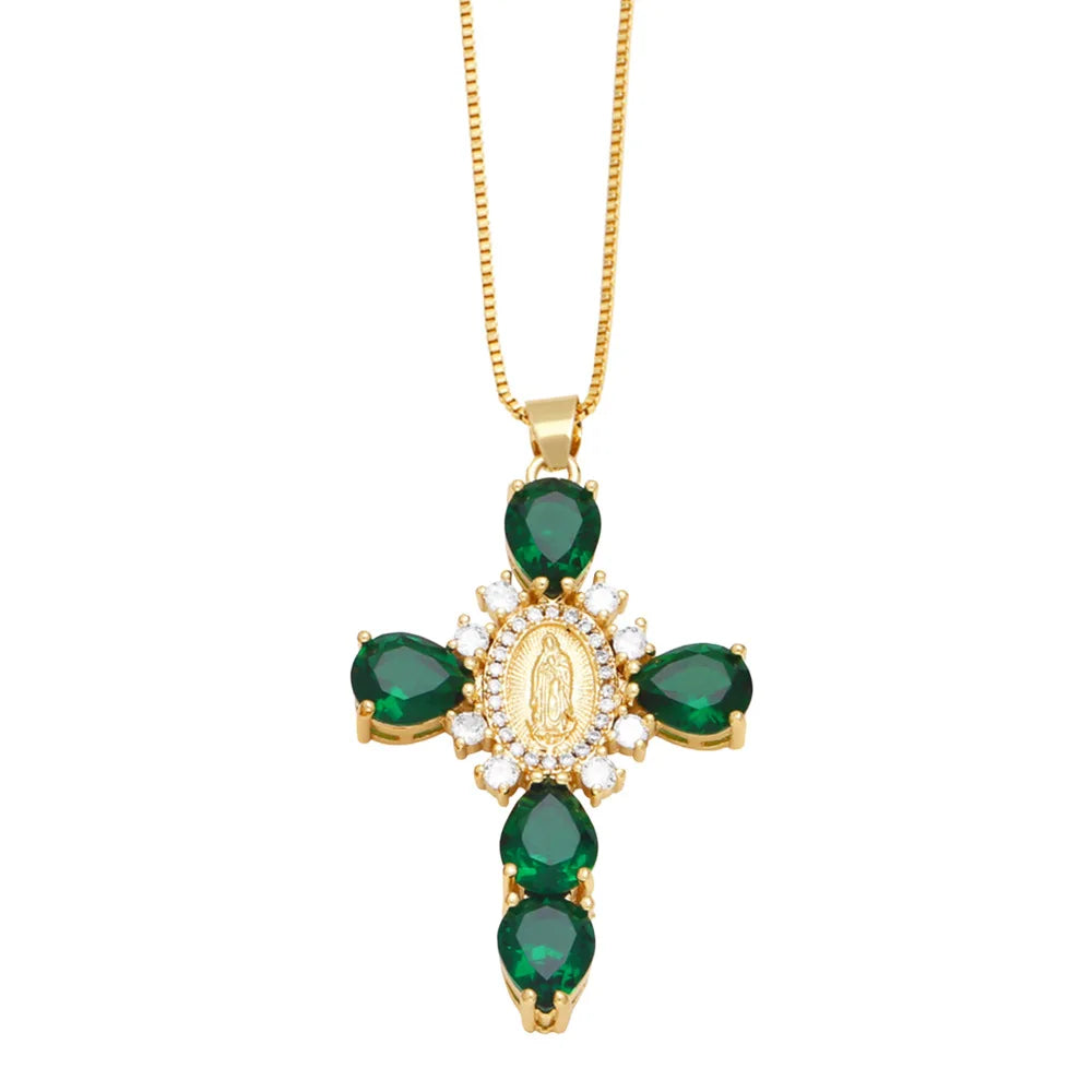 Jesus Cross Necklace for Women Men Retro Copper Zircon Colorful Cross Virgin Mary Pendants Jewelry
