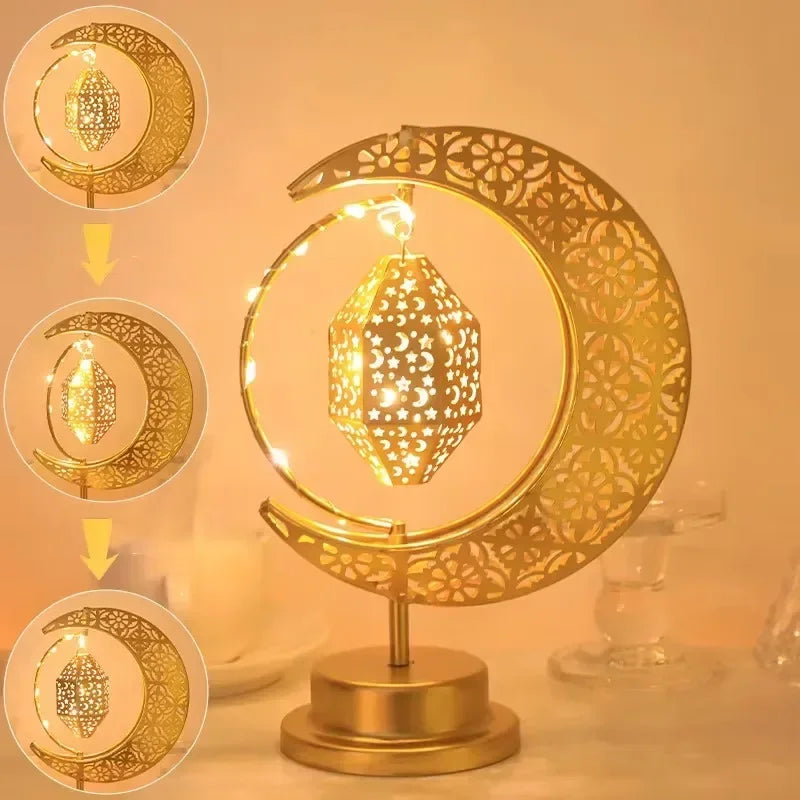 Rotating Ramadan LED Lamp Iron Crescent Moon and Stars Eid Mubarak Night Light for Middle Eastern Home Decor Tabletop Light