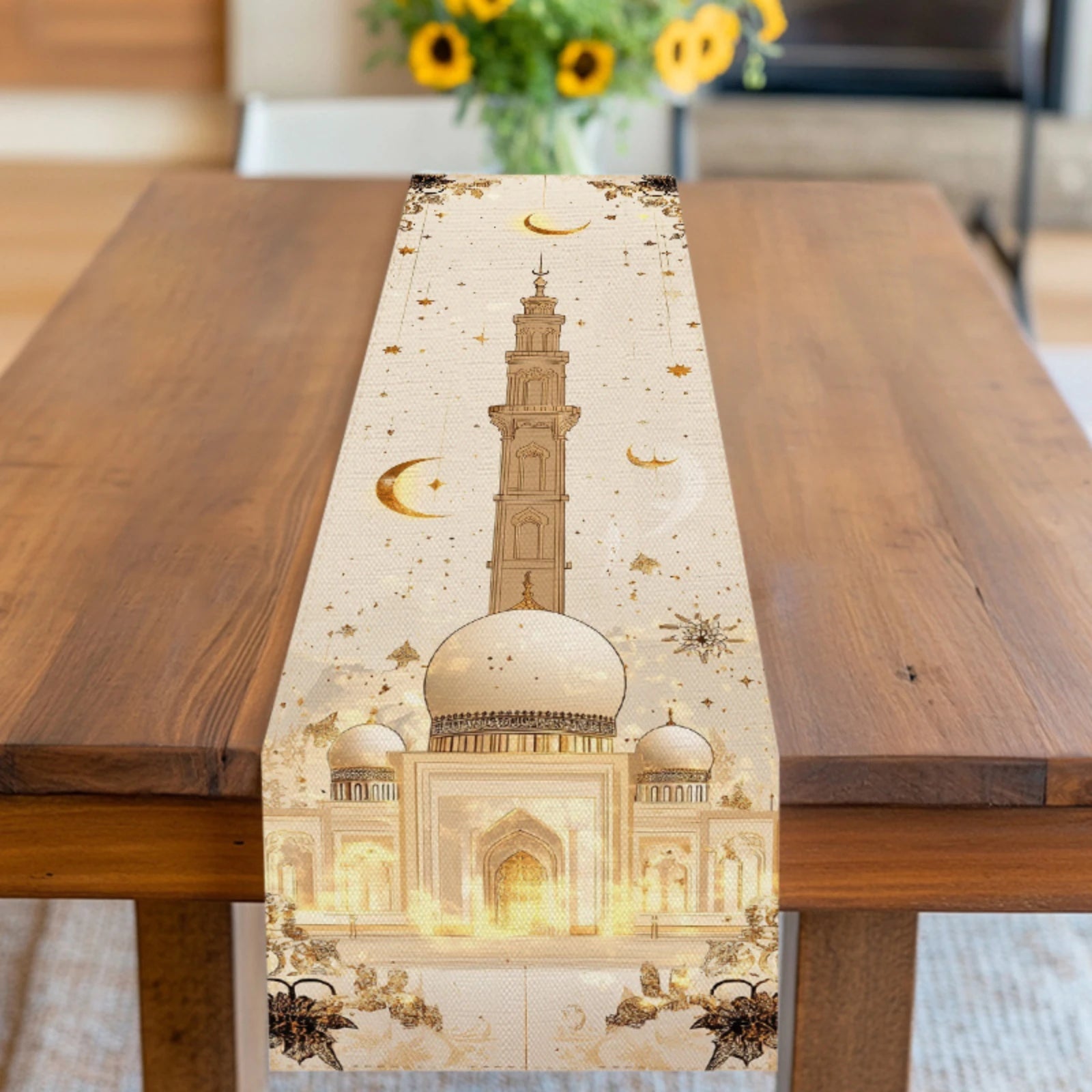 Islamic Ramadan Table Runner with Islamic Mosque Minaret & Crescent Moon Star