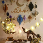 Rotating Ramadan LED Lamp Iron Crescent Moon and Stars Eid Mubarak Night Light for Middle Eastern Home Decor Tabletop Light