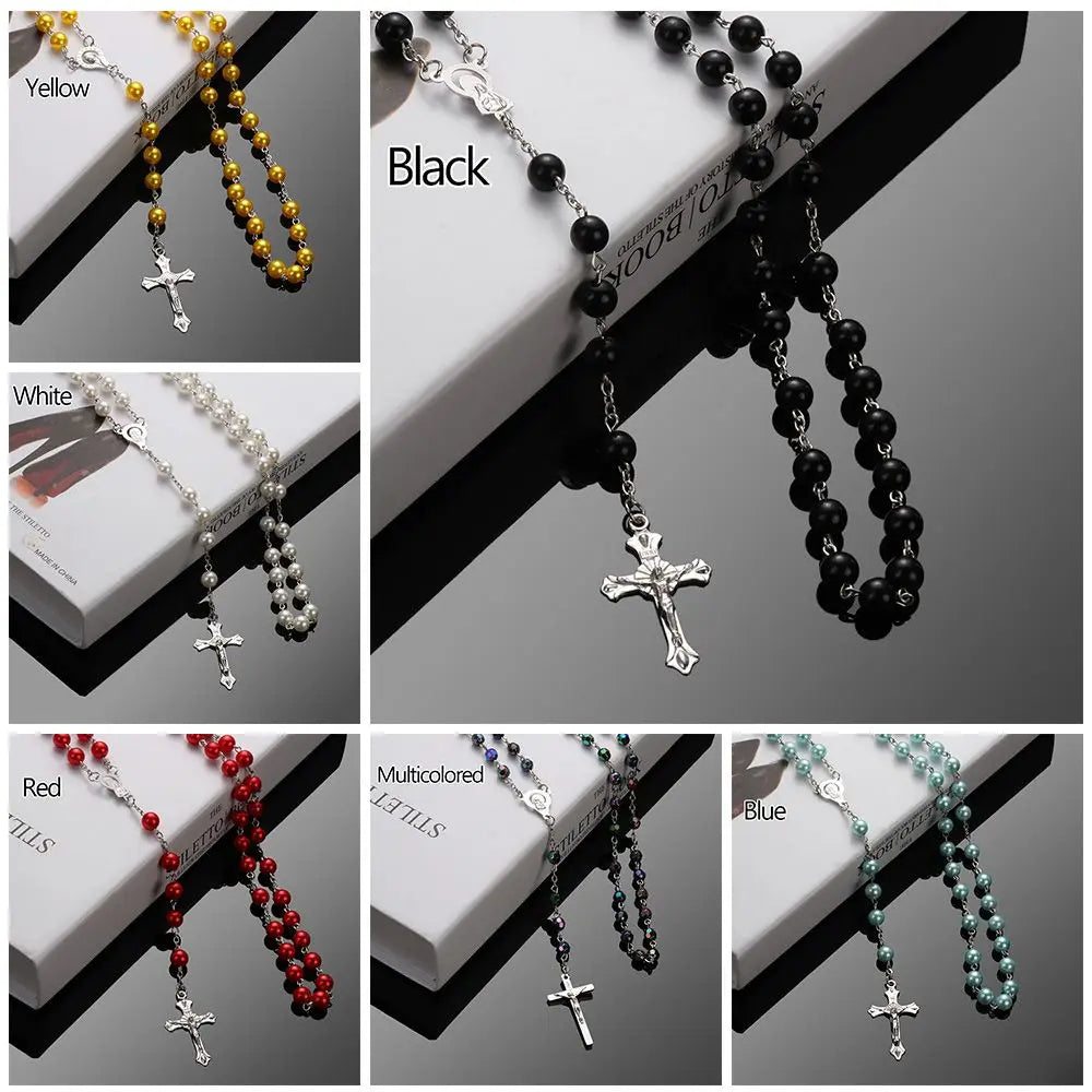 Fashion Vintage Cross Necklace Rosary Beads Chain Jesus Crucifix Virgin Mary Pendant Chain Jewelry Necklace