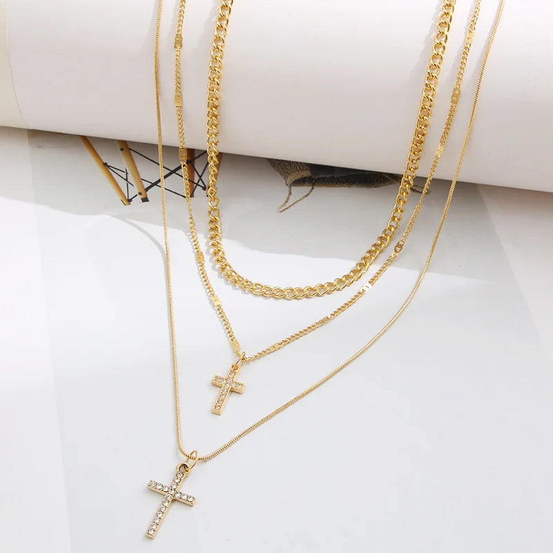 Cross Necklace Triple Chain Statement Necklace with Zircon Crystal Cross Pendant Jewelry Gifts for Women & Teen Girls.