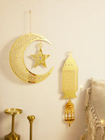 Gold Ramadan Acrylic Moon Hanging Ornaments with Hollow Mesh Star, Eid Mubarak Muslim Decor, Lanterns Wall Decor, Ramadan Kareem