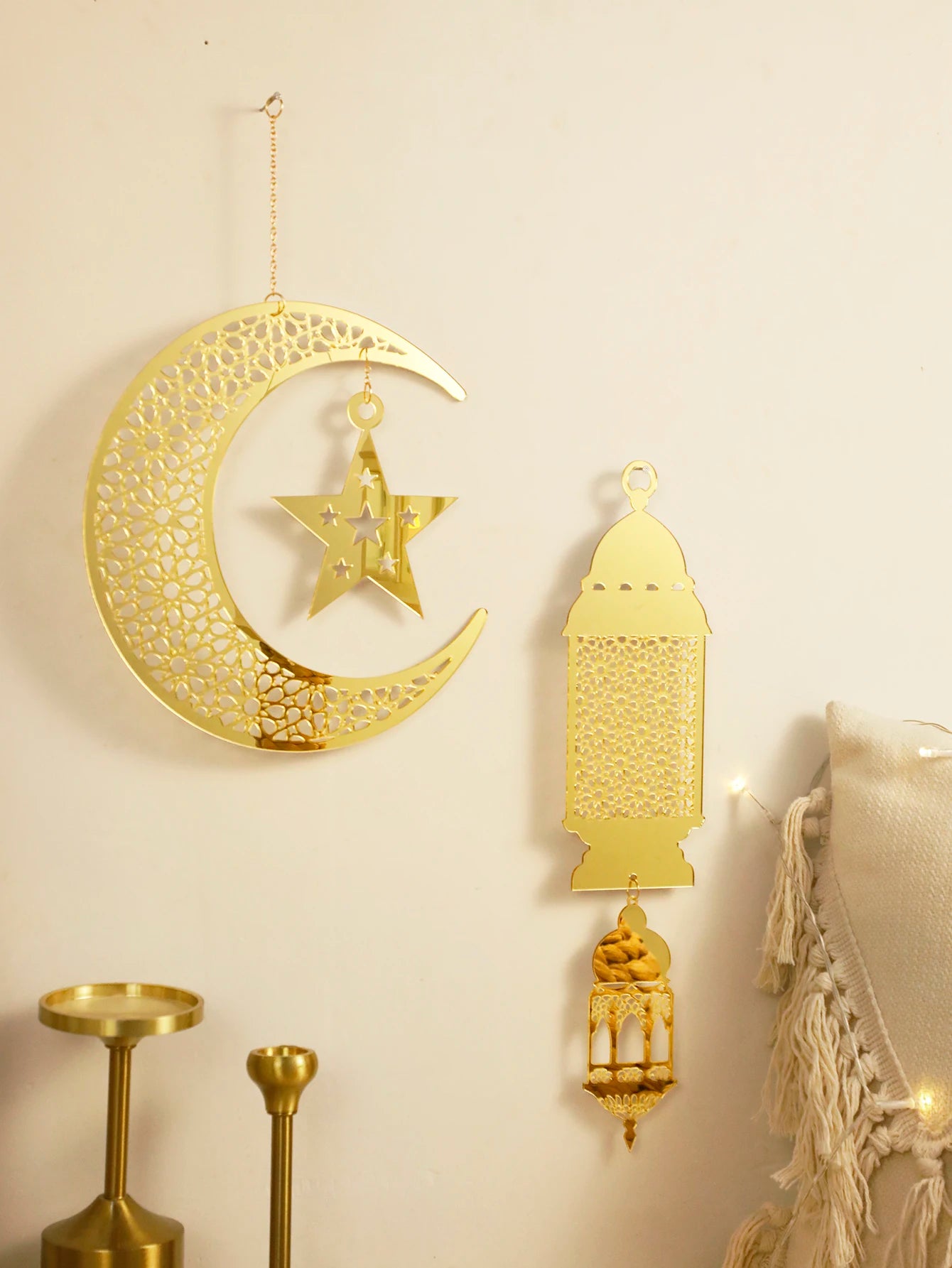 Gold Ramadan Acrylic Moon Hanging Ornaments with Hollow Mesh Star, Eid Mubarak Muslim Decor, Lanterns Wall Decor, Ramadan Kareem
