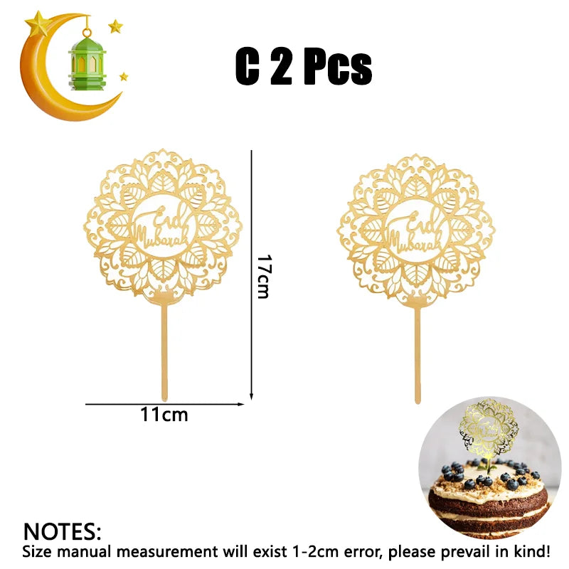 Ramadan Eid Mubarak Gold Acrylic Cake Topper Set Muslim Ramadan Holiday Party Cake Decorations Party Home Decoration