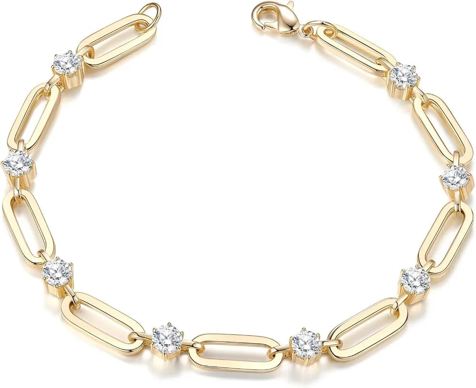 Gold Bracelets for Women Dainty 14K Gold Plated Cubic Zirconia Paperclip Chain Bracelet Trendy Jewelry