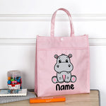 Personalized Kids Library Tote Bags Homeschool Cute Animal with Name Reading Books Bag.