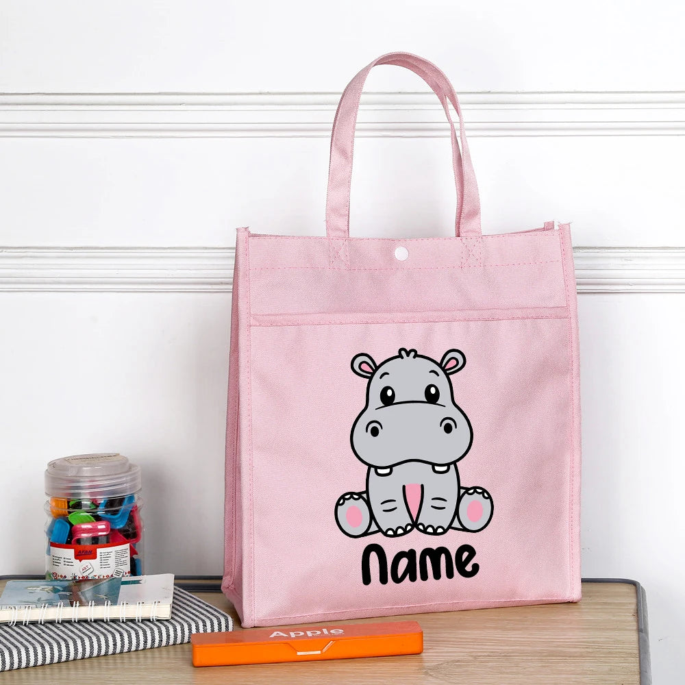 Personalized Kids Library Tote Bags Homeschool Cute Animal with Name Reading Books Bag.