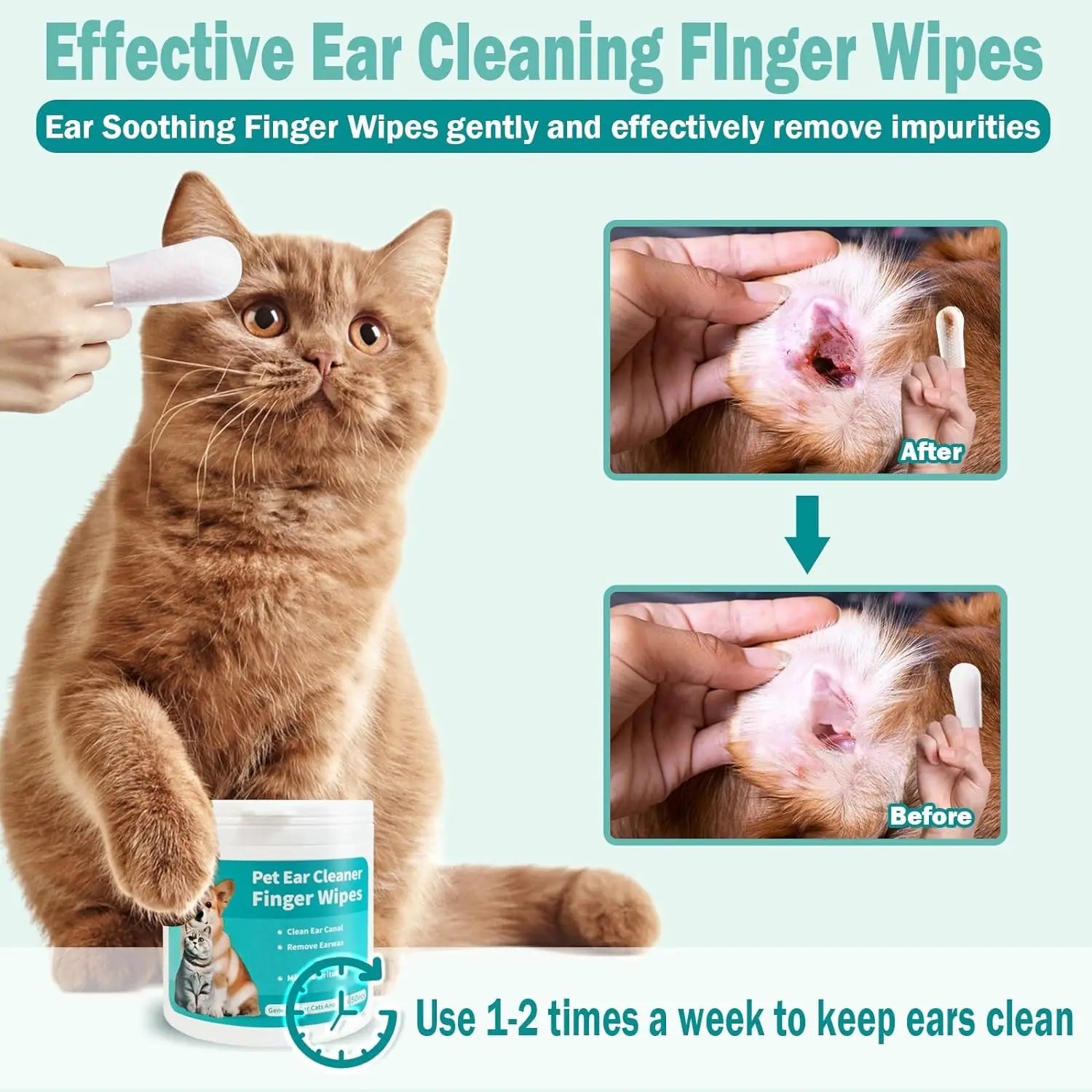 Pet Ear Wipes, Ear Cleaner Finger Wipes for Cats and Dogs, Soft & Easy Otic Cleaning Pads, Pet Supplies