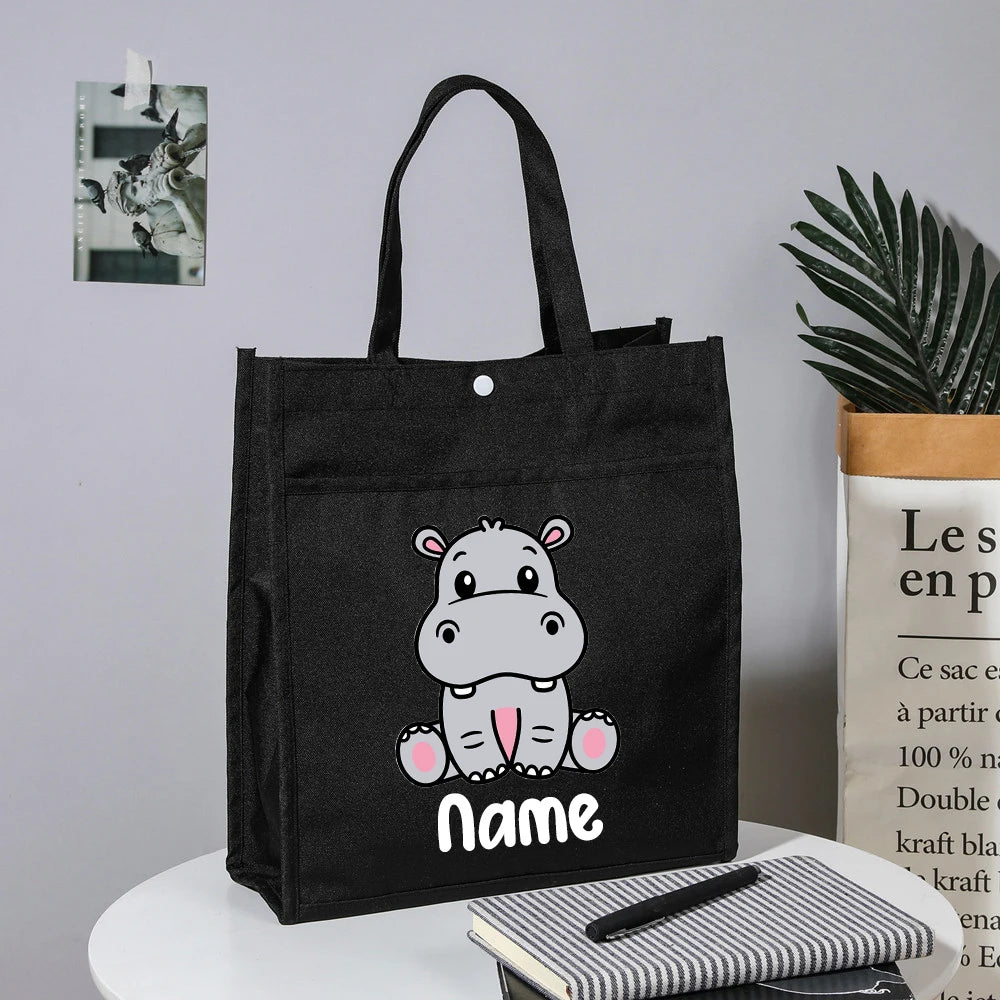 Personalized Kids Library Tote Bags Homeschool Cute Animal with Name Reading Books Bag.