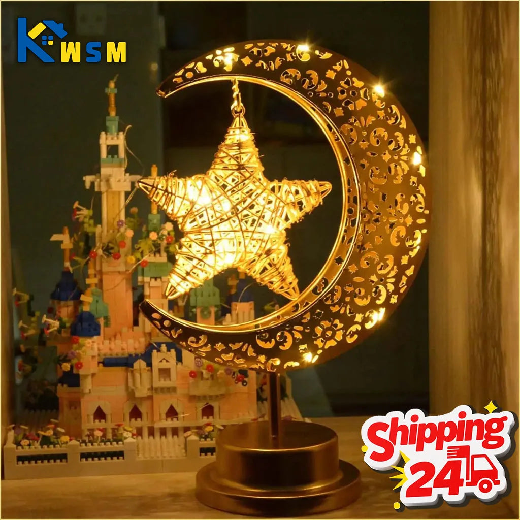 Rotating Ramadan LED Lamp Iron Crescent Moon and Stars Eid Mubarak Night Light for Middle Eastern Home Decor Tabletop Light