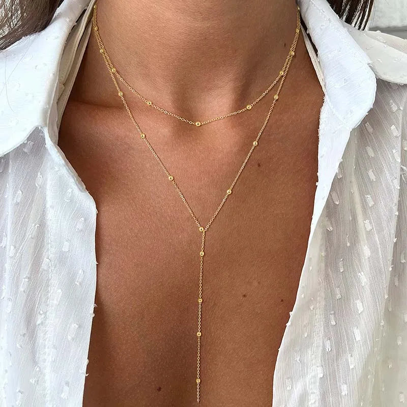Gold Plated Lariat Necklace for Women, Double Laryered Long Chain Drop Pendant Choker Fashion Gifts