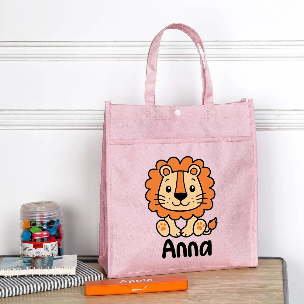 Personalized Kids Library Tote Bags Homeschool Cute Animal with Name Reading Books Bag.