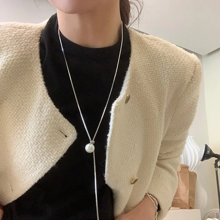 Women Long Necklace With Single Pearl Tassel Adjustable New Fashion Sweater Chain