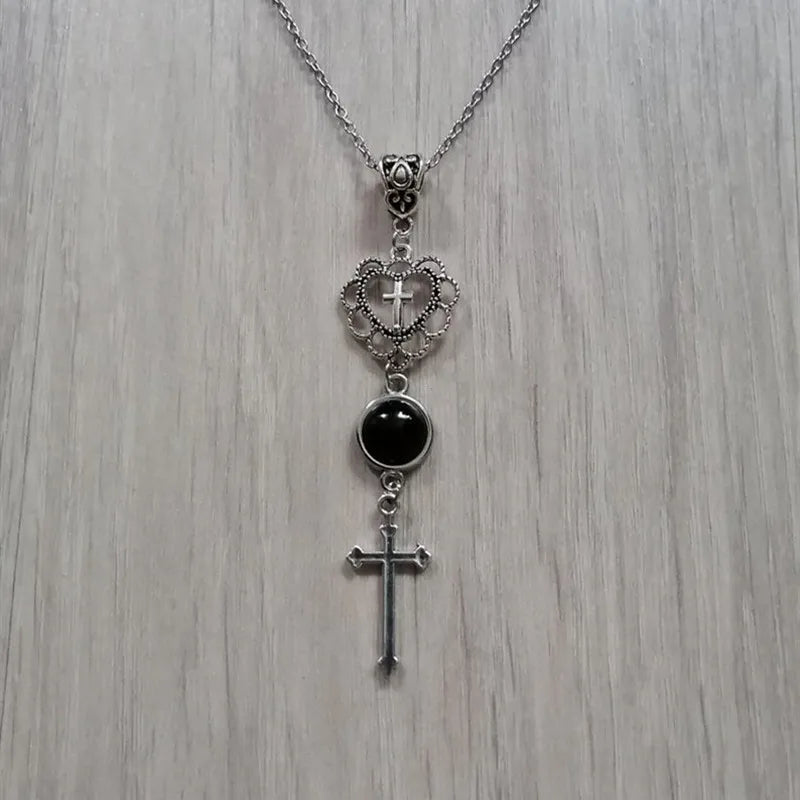Cross Heart Necklace, Gothic jewelry, Vintage, black agate, Death Cross, Hollow Heart, Witchcraft accessories for Women