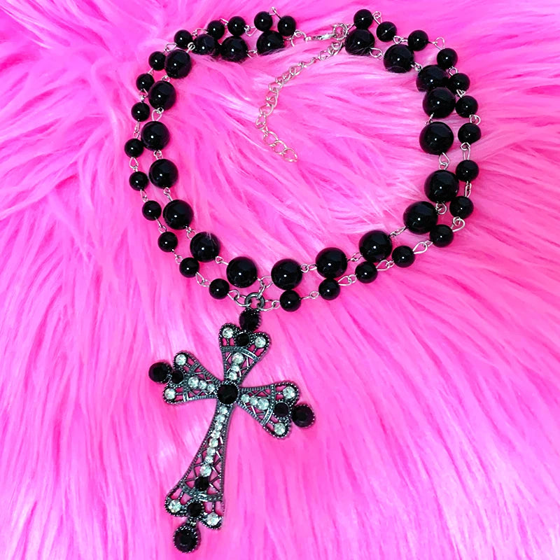 Y2K Jewelry Black Beads Crystal Cross Pendant Necklace Women Goth Accessories.