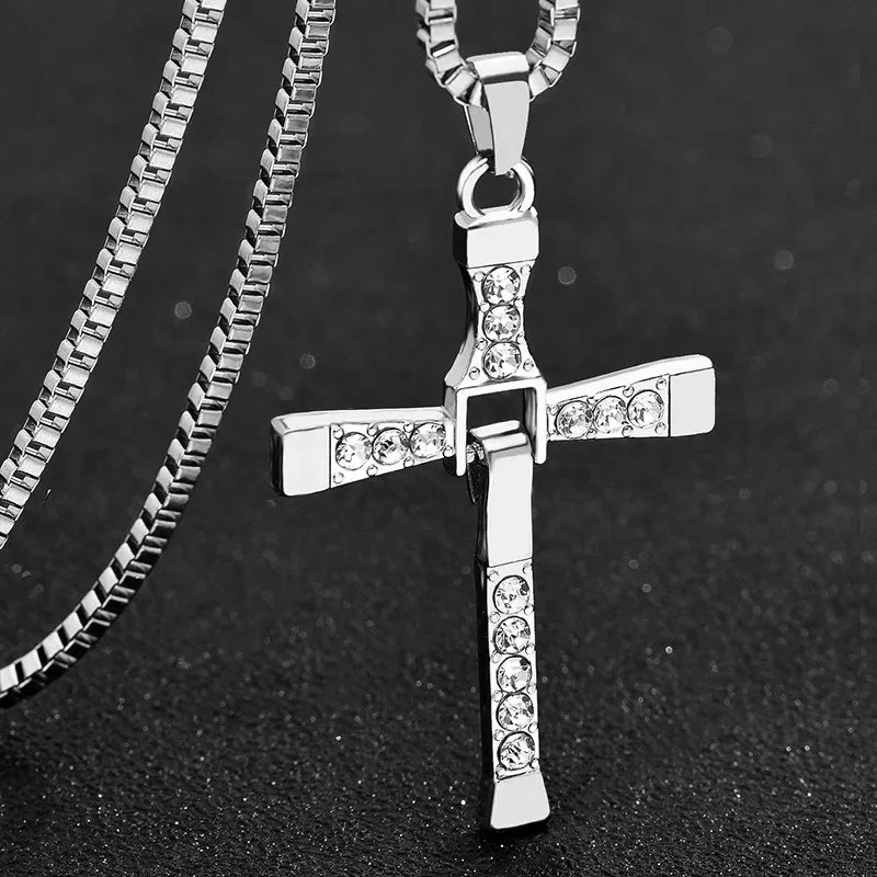 Religious Cross Necklace Iced Out Crystal Pendant Titanium Steel Cuban Chain Men's Trendy Jewelry