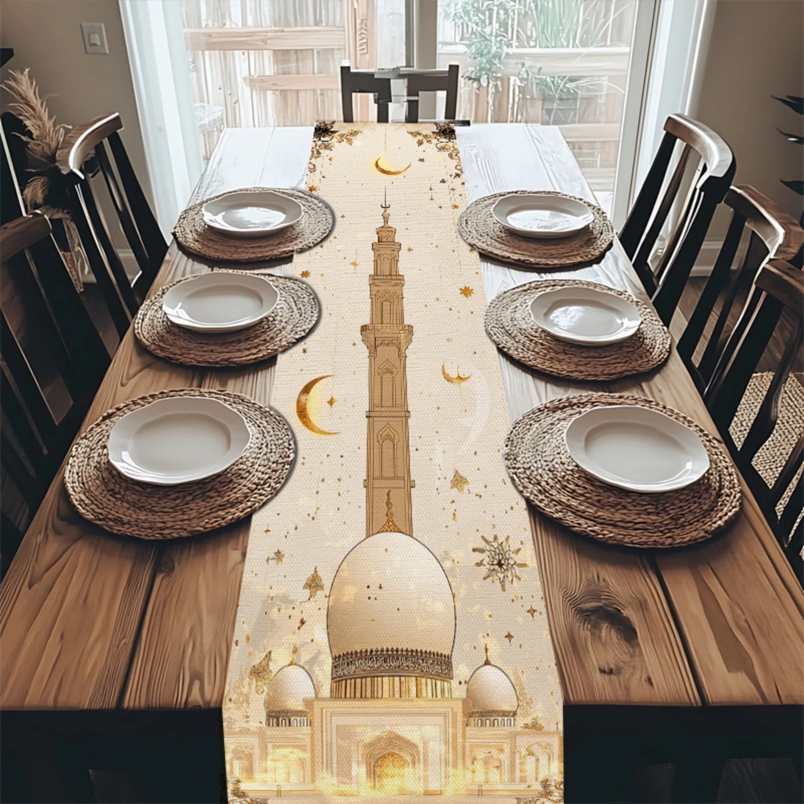 Islamic Ramadan Table Runner with Islamic Mosque Minaret & Crescent Moon Star