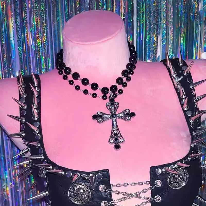 Y2K Jewelry Black Beads Crystal Cross Pendant Necklace Women Goth Accessories.