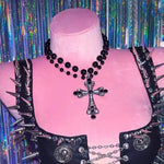 Y2K Jewelry Black Beads Crystal Cross Pendant Necklace Women Goth Accessories.