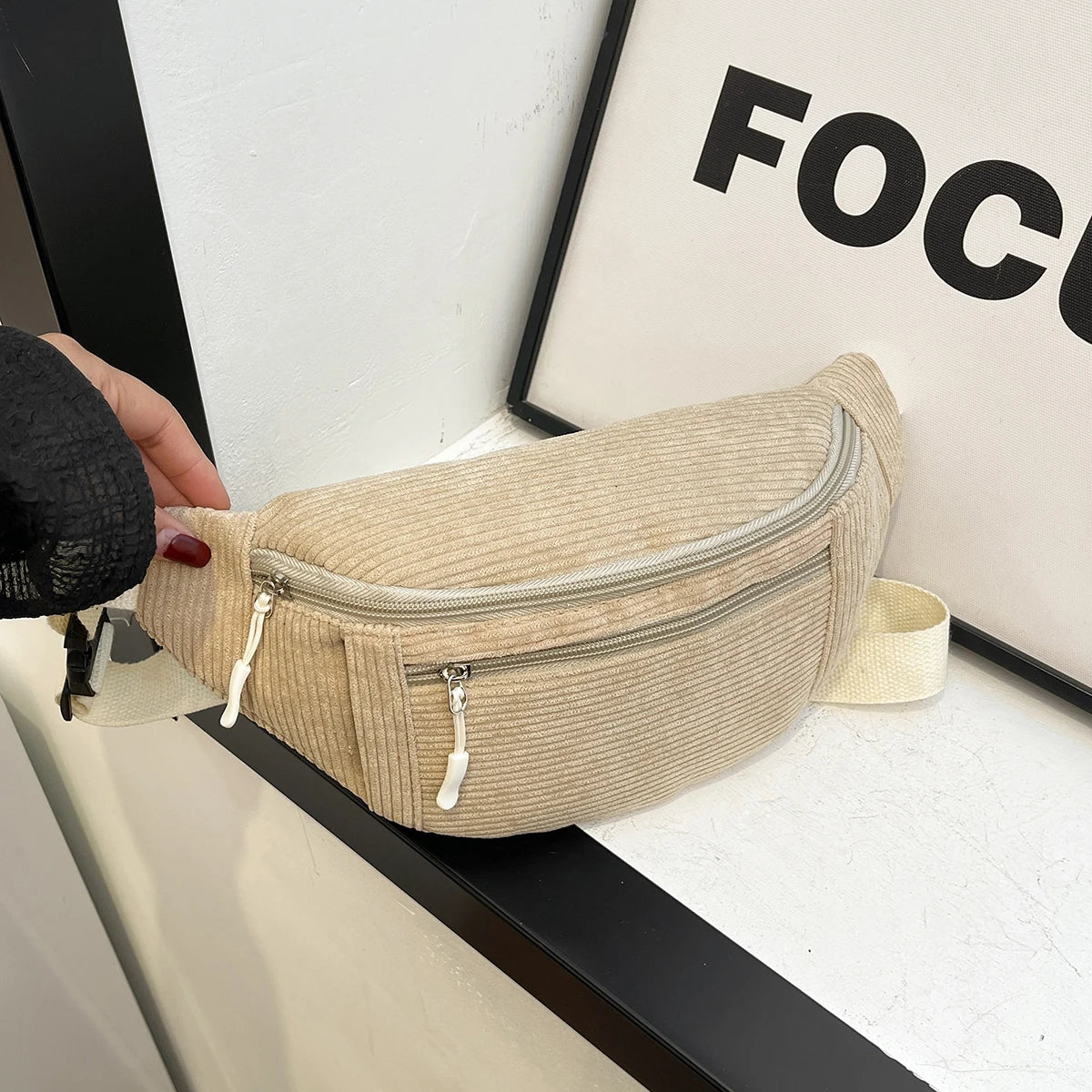 Women Waist Bag Corduroy Student Shoulder Handbag Crossbody Chest Breast Bag.