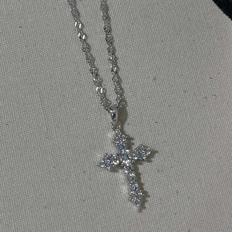 Shiny Crystal Zircon Cross Pendant Necklace for Women Girls Punk Silver Color Thin Chain Necklace