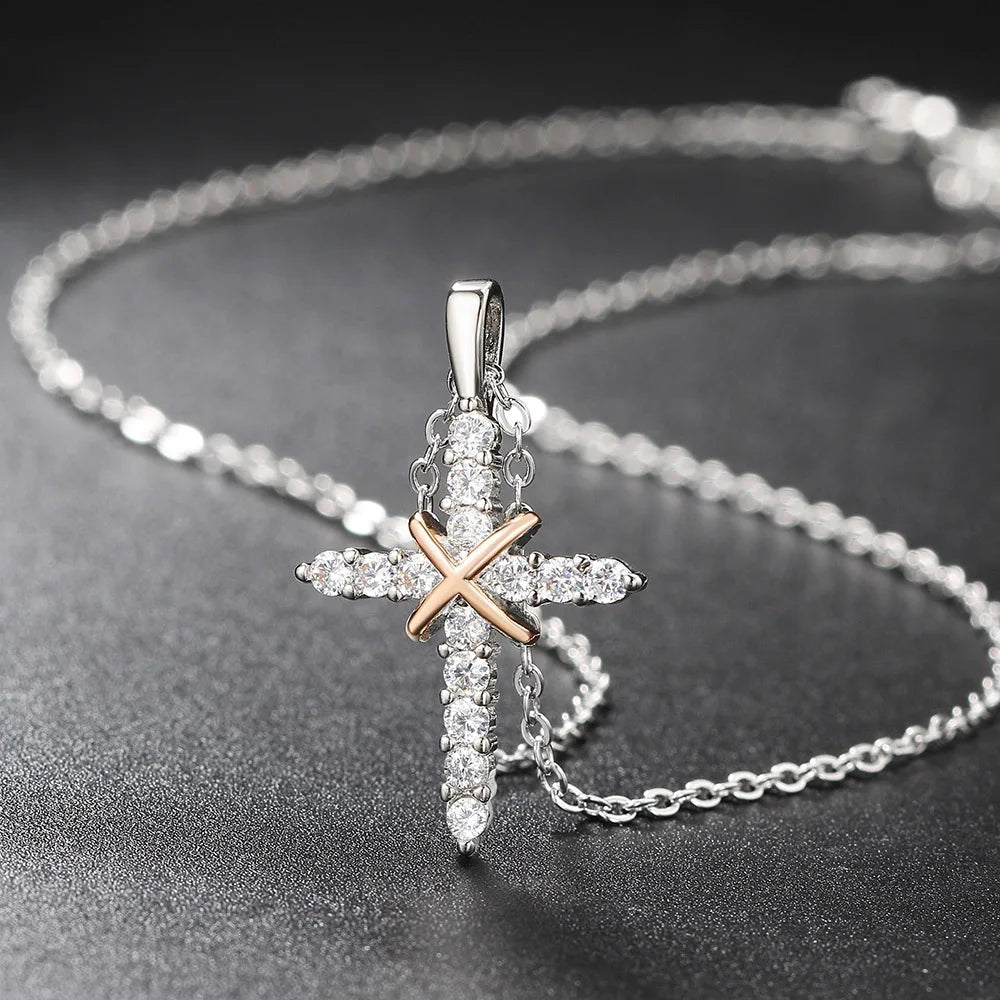Cross Pendant Necklace For Women Iced Out Crystal Silver Plated Chain Collar Choker Necklace.