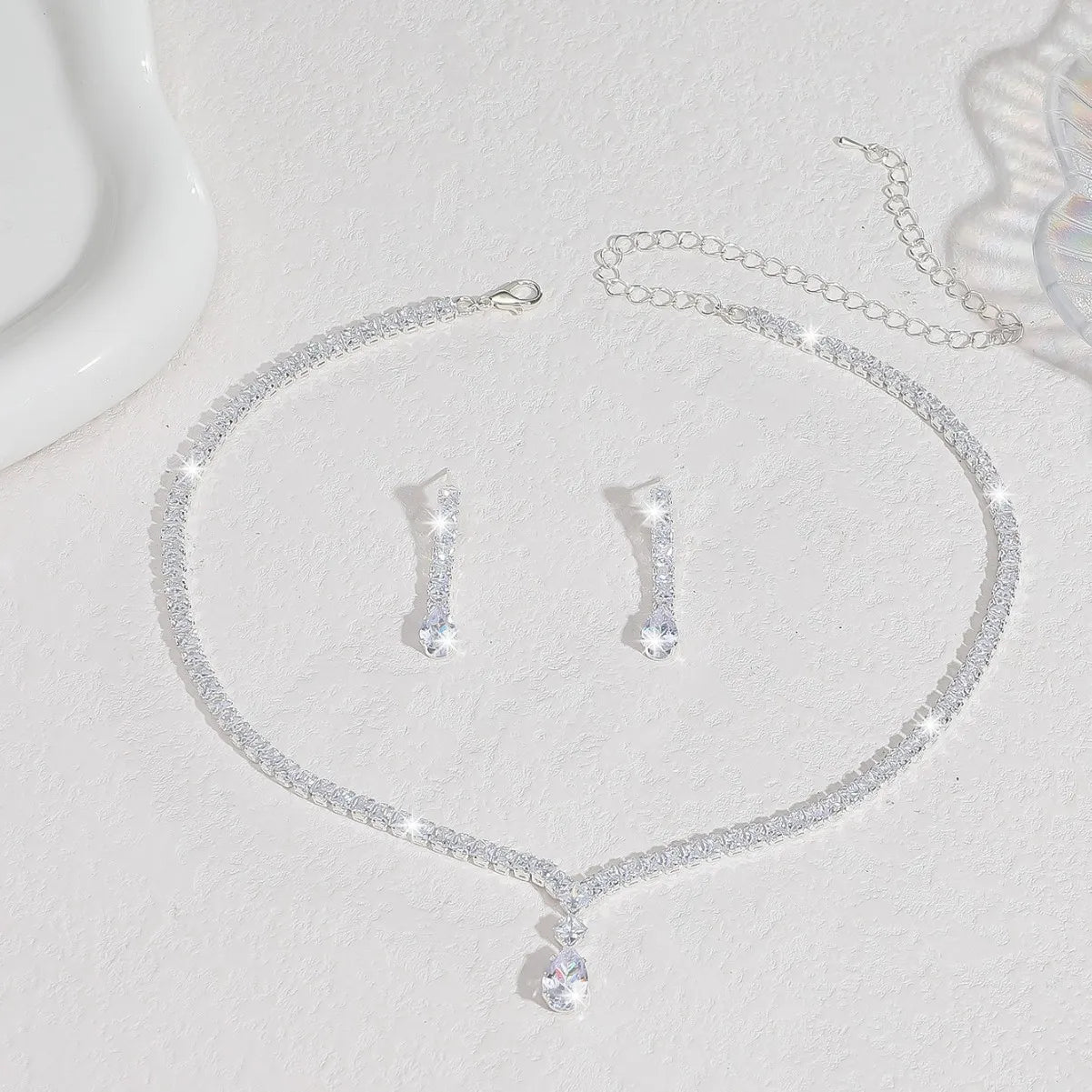 Cross-Border Jewelry, Women'S Fashion Water Drop Crystal Zircon Necklace Earrings Set