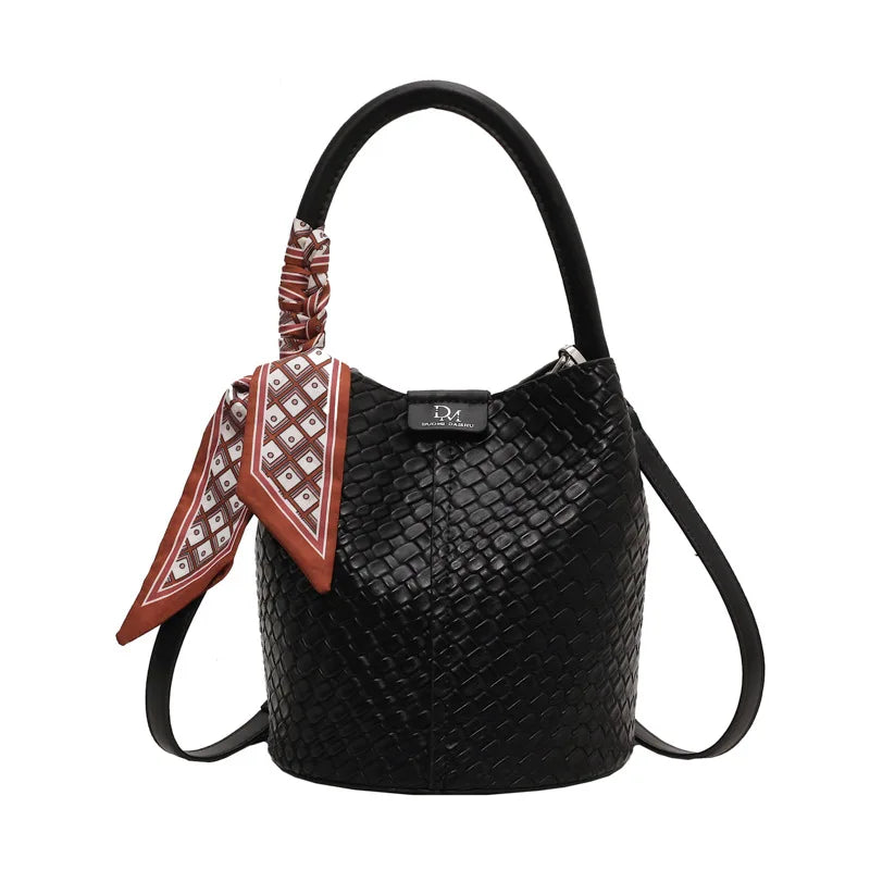 Fashionable Women's Bucket Bag, Stylish Solid Color Woven Effect Handbag.