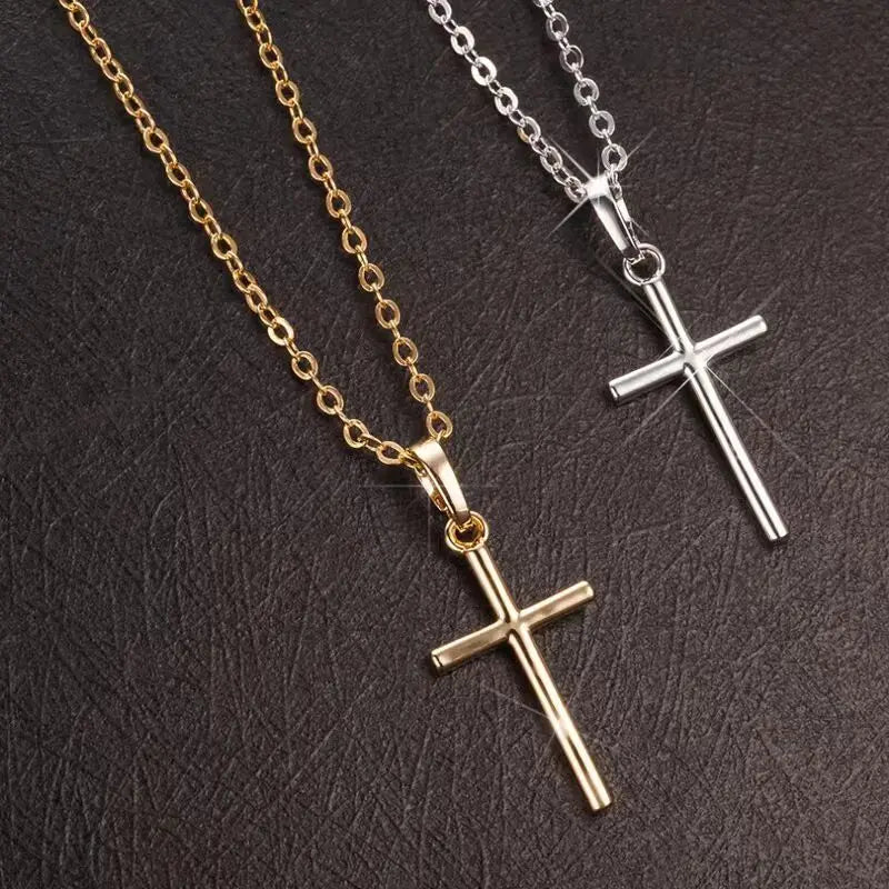 Fashion Christian Jesus Cross Necklaces Silver Color Long Chain Simple Pendants For Women Men
