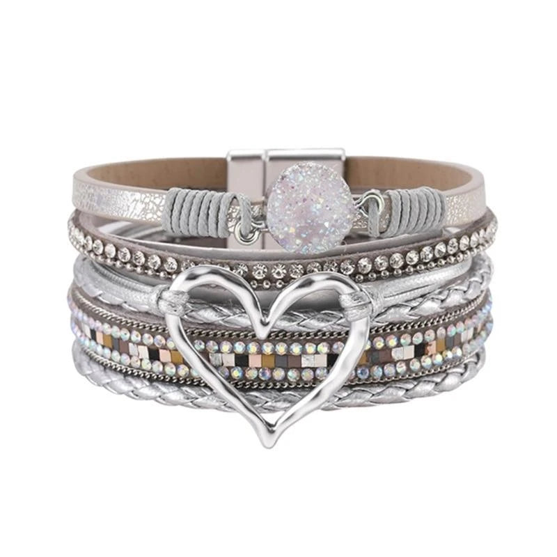 Bracelet for Women Bohomian Leather Wrap Multi-Layer Heart Bangle Jewelry Gift Fashionable Wrist Accessory