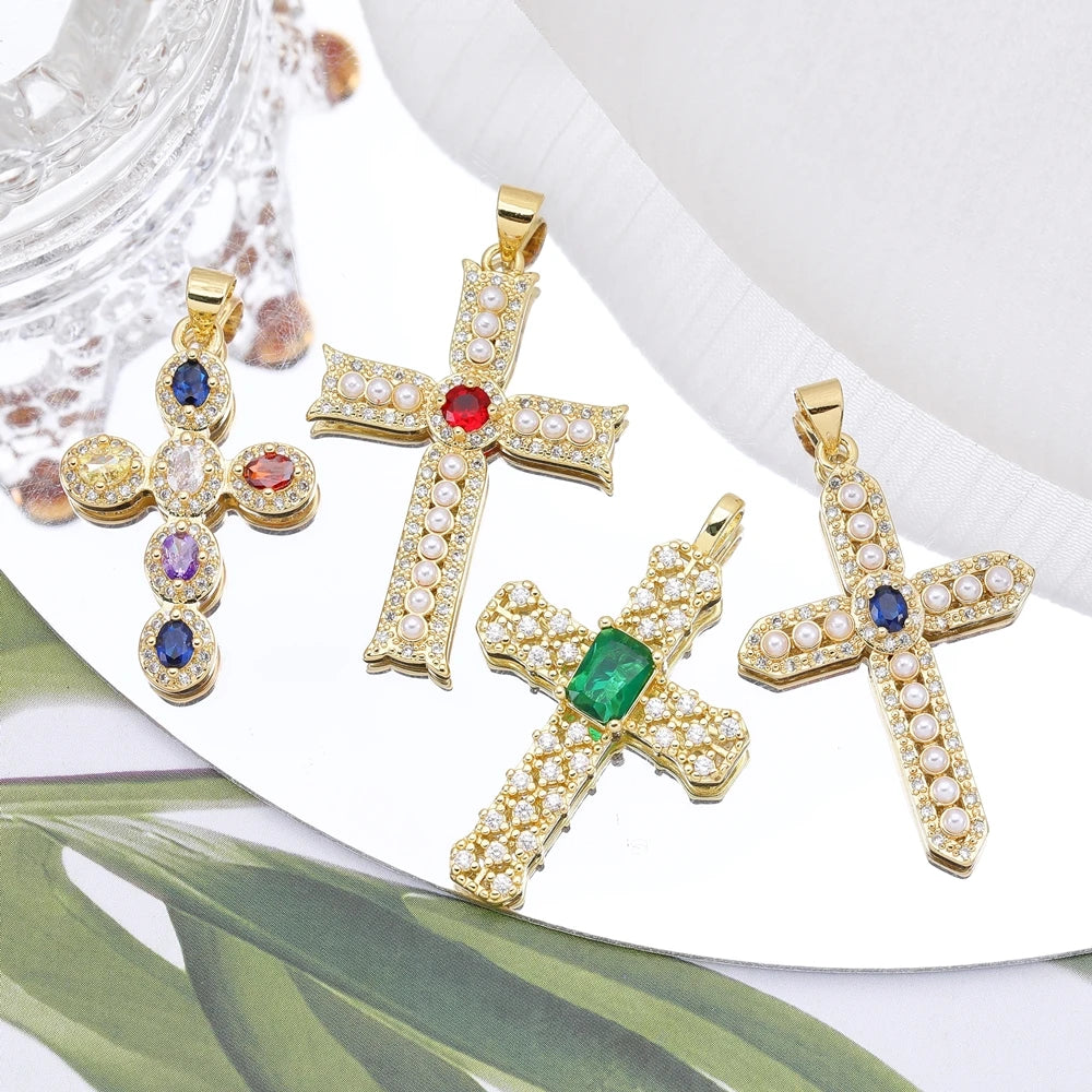 Religious Talisman Jewelry Accessories Handmade 18K Real Gold Plated Cz Paved Catholic Christian Cross