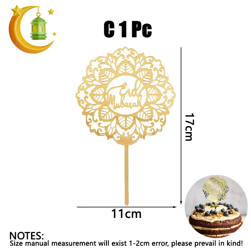 Ramadan Eid Mubarak Gold Acrylic Cake Topper Set Muslim Ramadan Holiday Party Cake Decorations Party Home Decoration